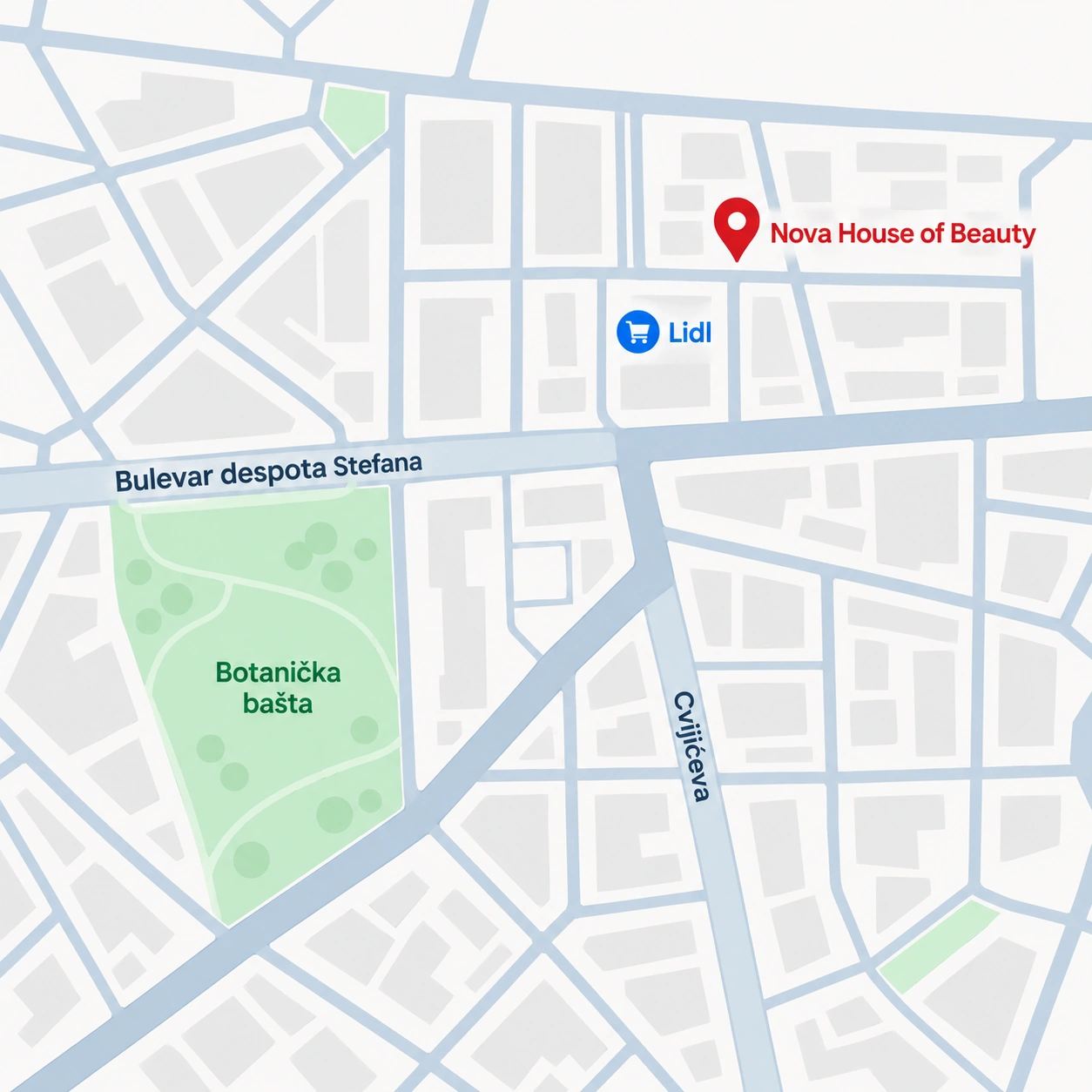Položaj salona Nova House of Beauty iza Lidla, u blizini Bulevara despota Stefana, Cvijićeve i Botaničke bašte u Beogradu.